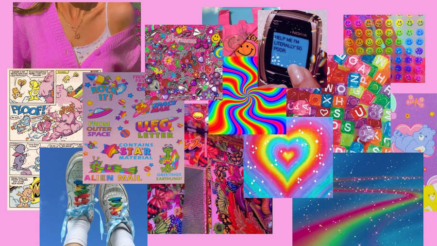 A Collage Of Pictures Of A Girl With A Pink Phone Wallpaper