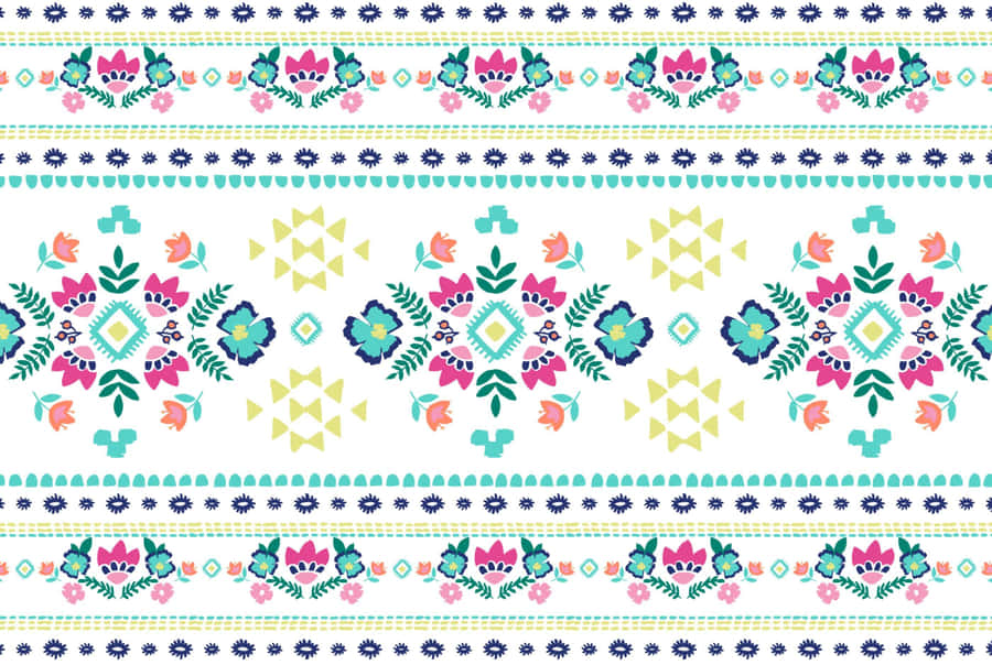 A Colorful Embroidered Pattern With Flowers And Leaves Wallpaper
