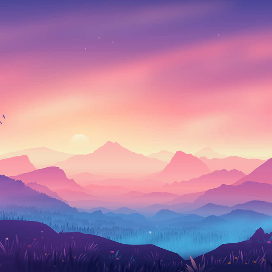 A Colorful Landscape With Mountains And Birds Wallpaper