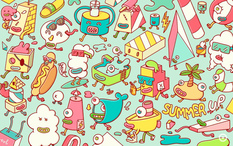 A Colorful Pattern Of Cartoon Characters Wallpaper