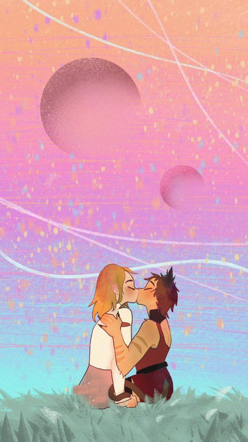 A Couple Kissing In The Grass With A Starry Sky Wallpaper