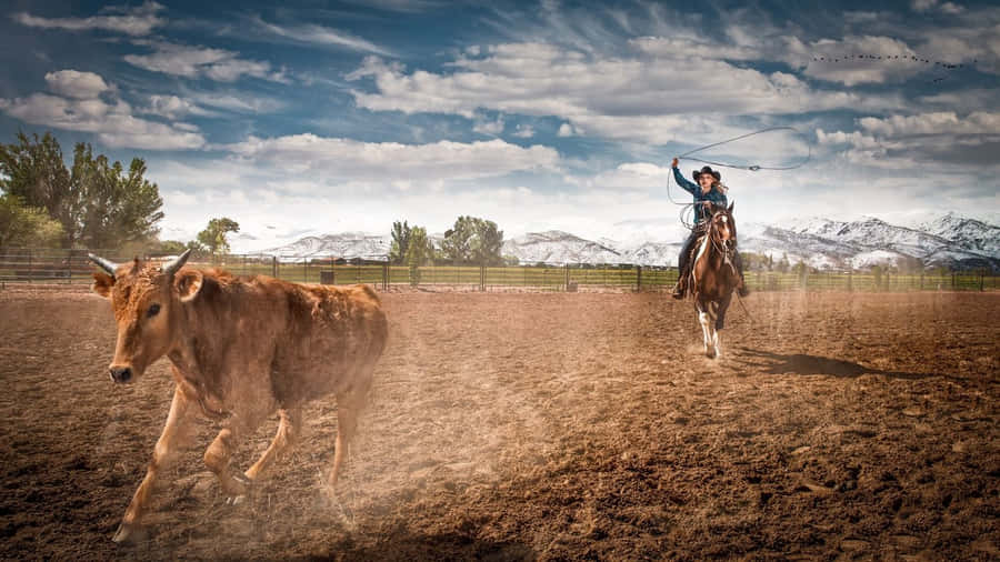 A Cowboy Roping A Steer At A Rodeo Wallpaper