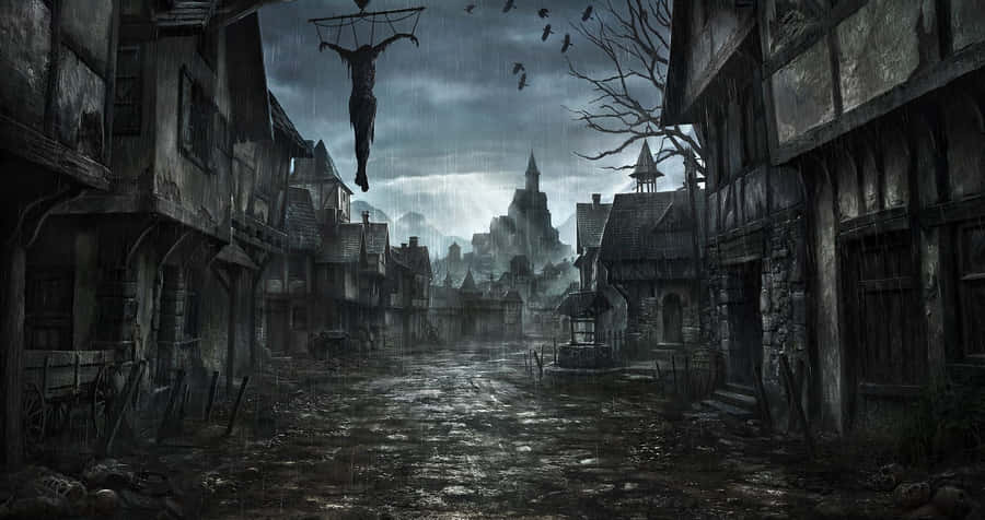 A Dark, Dreary Street With A Lot Of Buildings Wallpaper