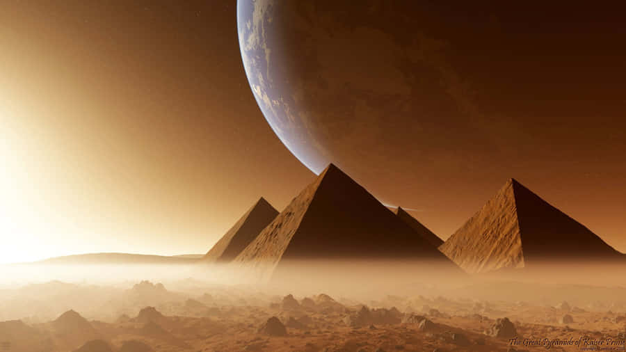 A Desert Landscape With Pyramids And A Sun Wallpaper