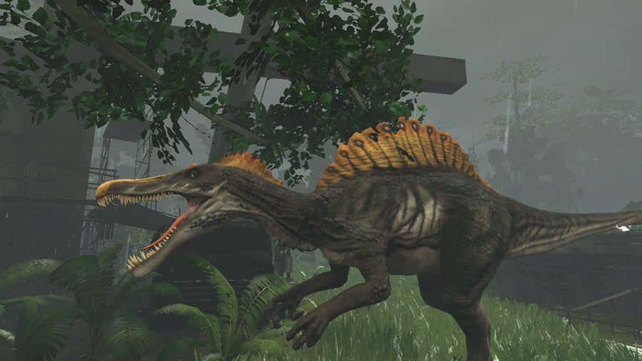 A Dinosaur Is Walking Through A Forest Wallpaper
