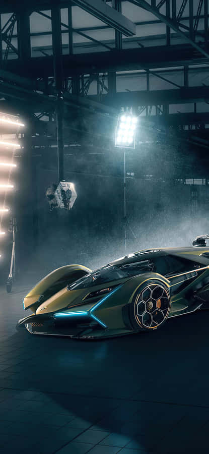 A Futuristic Car Is Shown In A Dark Room Wallpaper