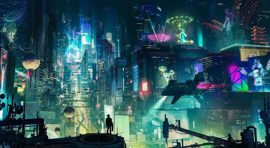 A Futuristic City With Neon Lights And Buildings Wallpaper