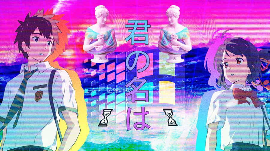 A Girl And Boy In Uniform Standing In Front Of A Colorful Background Wallpaper