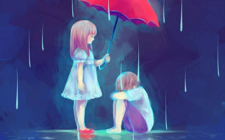 A Girl And Boy Standing In The Rain With An Umbrella Wallpaper