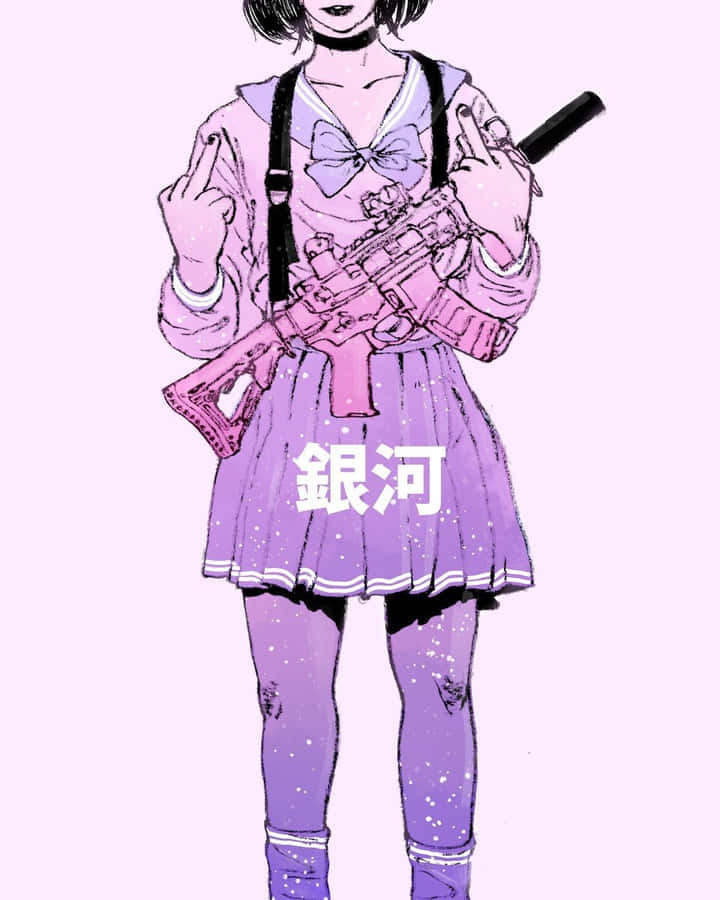 A Girl Holding A Gun In A Purple Skirt Wallpaper