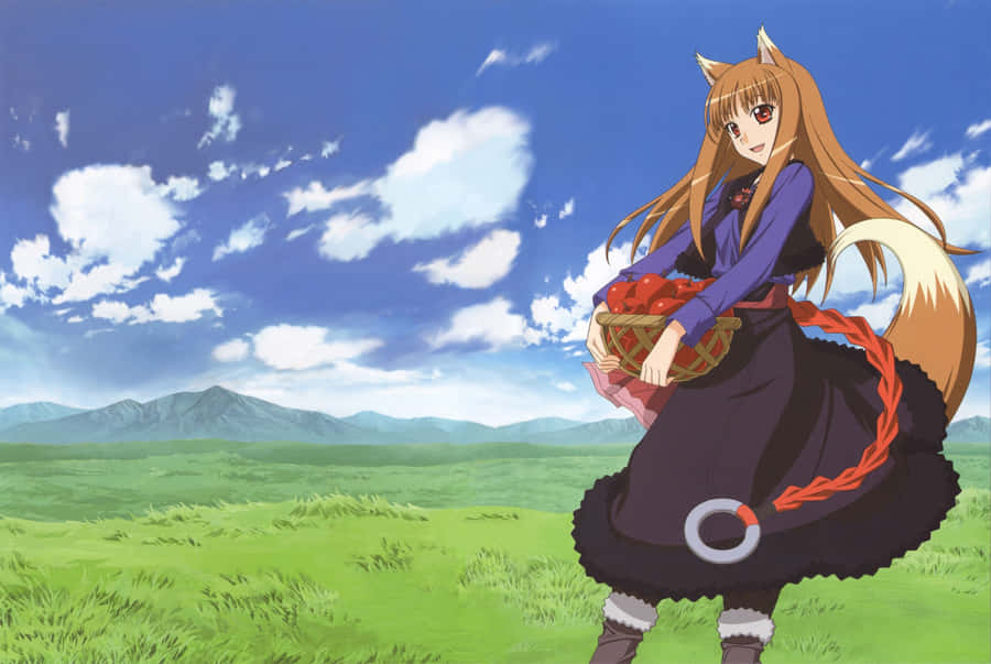 A Girl In A Dress Holding A Basket In The Grass Wallpaper