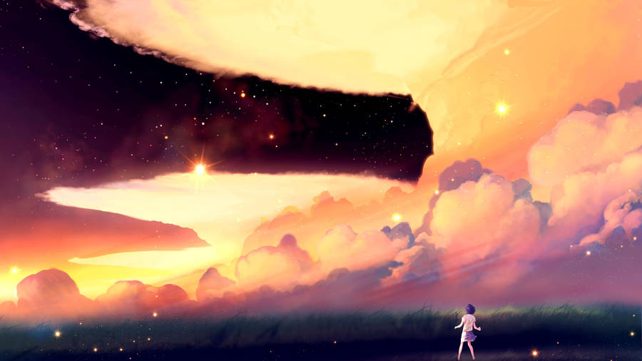 A Girl Is Standing In The Field Looking At The Sky Wallpaper