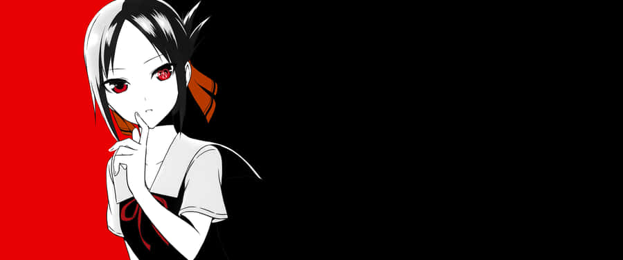 A Girl With Black Hair And Red Eyes Is Standing In Front Of A Red Background Wallpaper