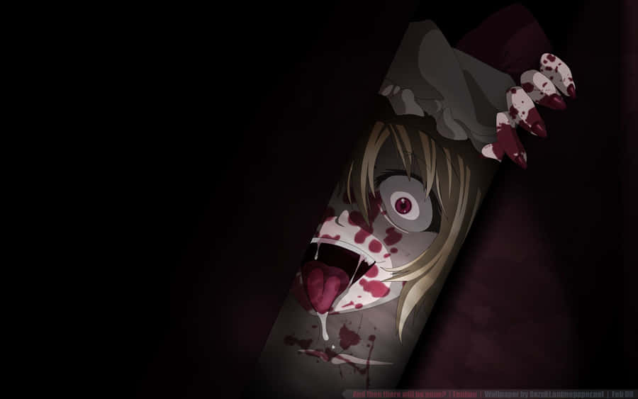 A Girl With Bloody Eyes Peeking Out Of A Dark Room Wallpaper