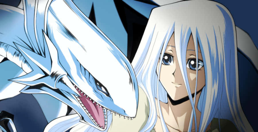 A Girl With Long White Hair And A White Dragon Wallpaper