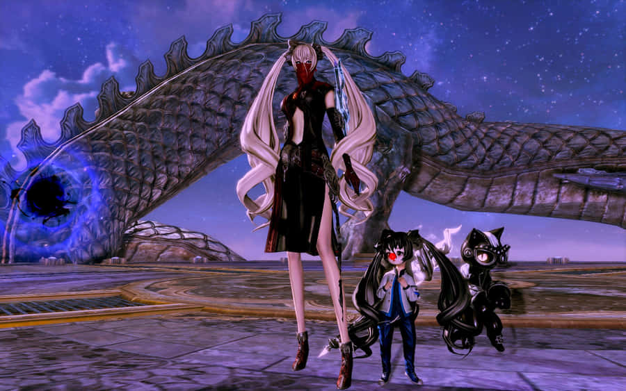 A Group Of Anime Characters Standing In Front Of A Large Dragon Wallpaper