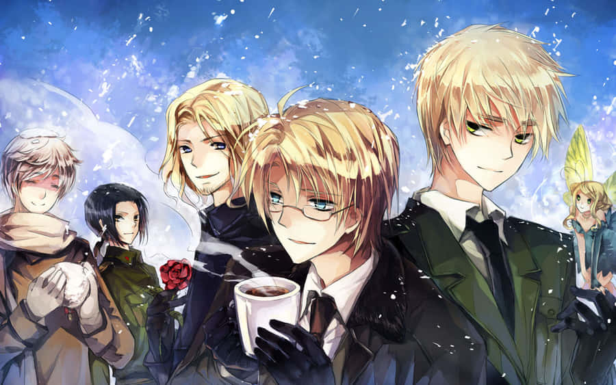 A Group Of Anime Characters Standing In The Snow Wallpaper