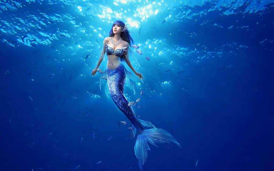 A Magnificent Mermaid Swimming Gracefully Through A Pool Of Shimmering Water. Wallpaper