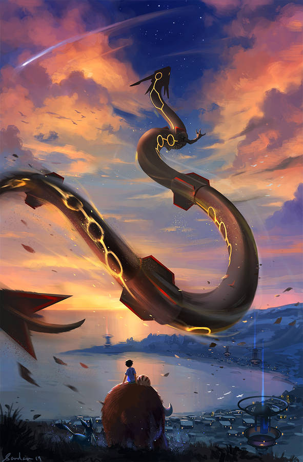 A Majestic Rayquaza Bathed In The Golden Light Of A Majestic Sunset. Wallpaper