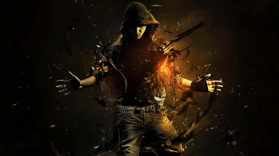 A Man In A Hoodie Is Standing In Front Of A Fire Wallpaper