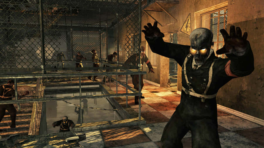 A Man Is Standing In A Room With A Zombie Wallpaper