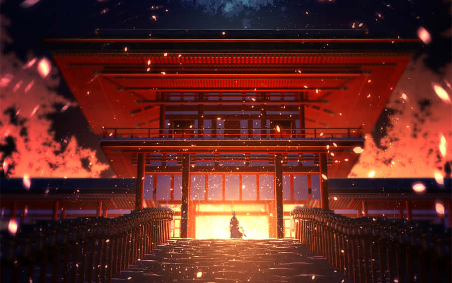 A Man Is Walking Through A Building With A Fire In The Background Wallpaper