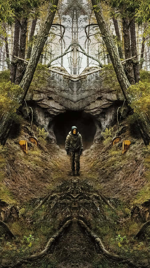 A Man Is Walking Through A Forest With Trees Wallpaper