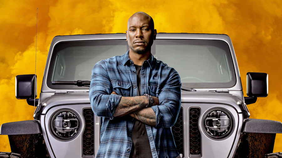 A Man Standing Next To A Jeep With Smoke Coming Out Of It Wallpaper