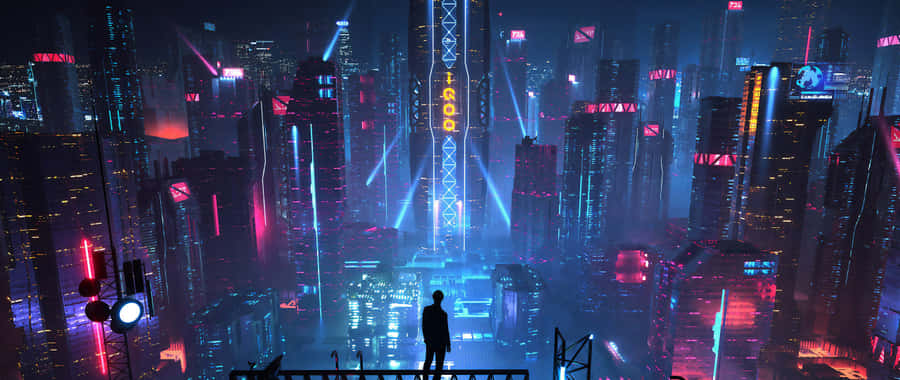 A Man Standing On A Ledge In A Futuristic City Wallpaper