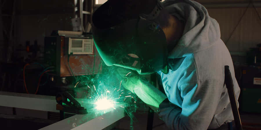 A Man Welding Metal In A Factory Wallpaper