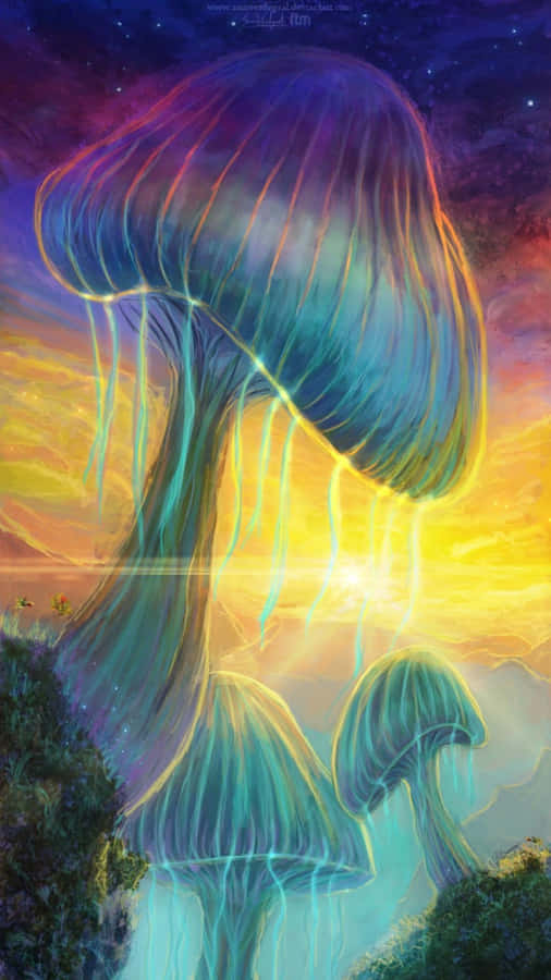 A Painting Of A Mushroom With A Rainbow In The Sky Wallpaper