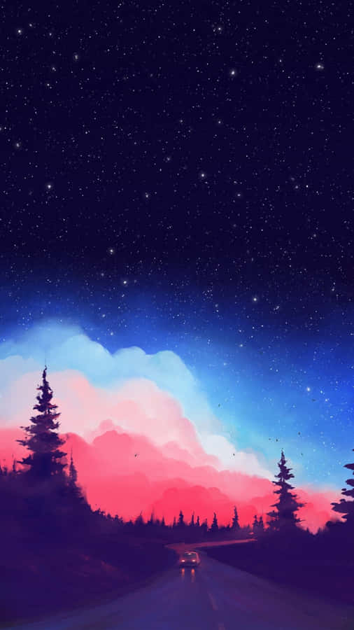 A Painting Of A Night Sky With Trees And Stars Wallpaper