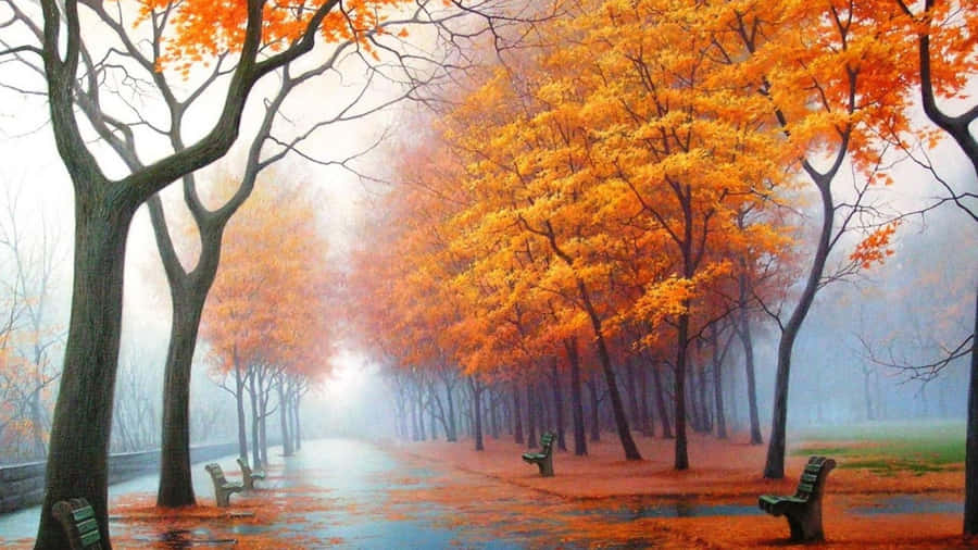 A Painting Of A Park With Trees And Benches Wallpaper