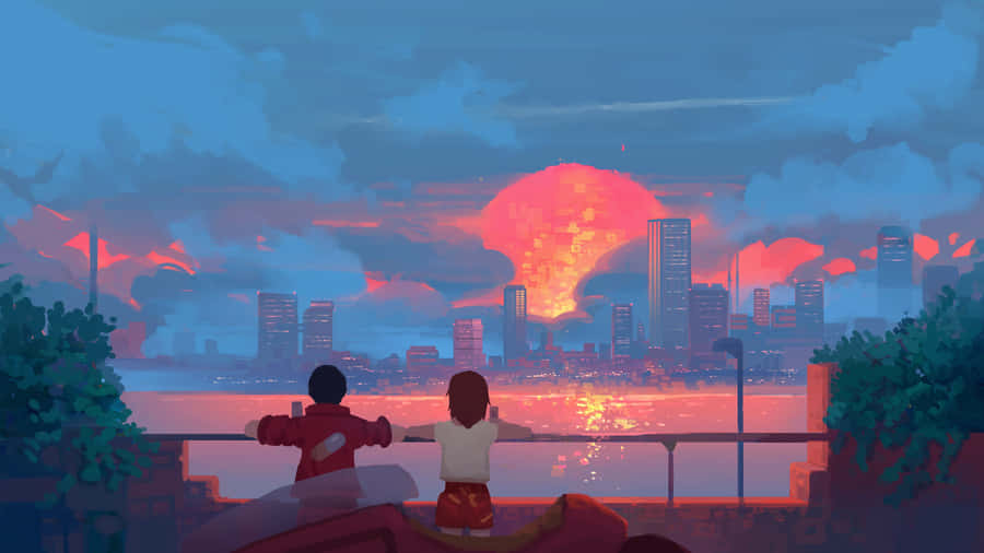 A Painting Of Two People Looking At The City Wallpaper