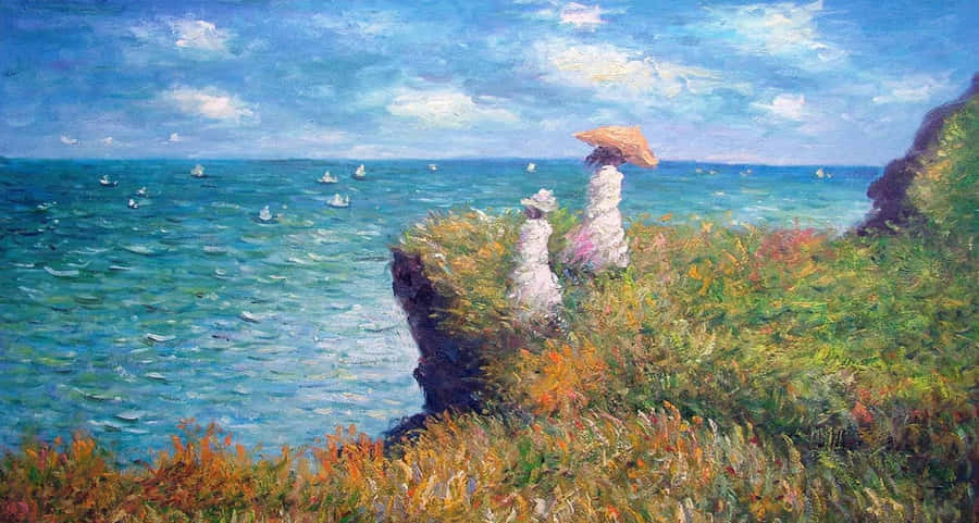A Painting Of Two Women On A Cliff Overlooking The Ocean Wallpaper