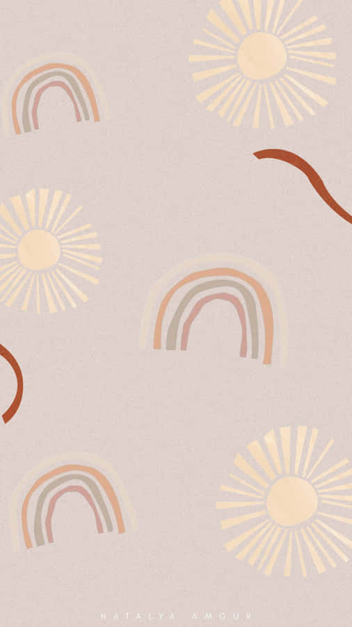 A Pink And Beige Background With A Rainbow And Sun Wallpaper