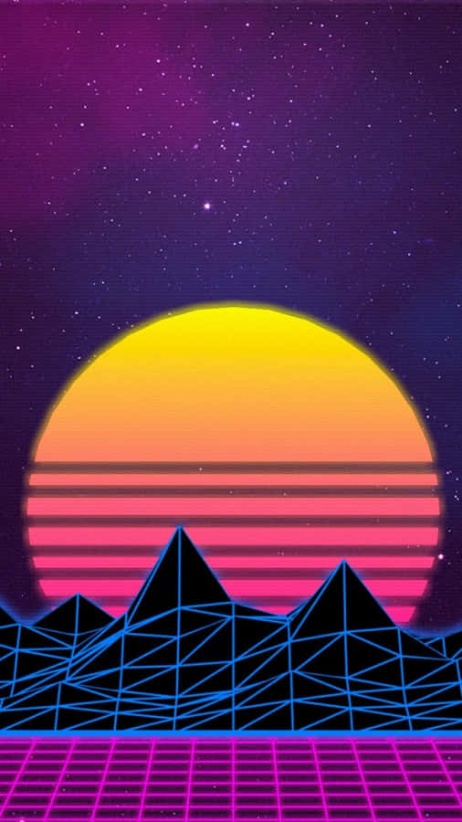 A Pink And Purple Background With A Sun And Mountains Wallpaper