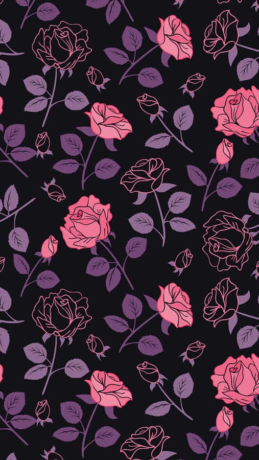 A Pink And Purple Rose Pattern On A Black Background Wallpaper