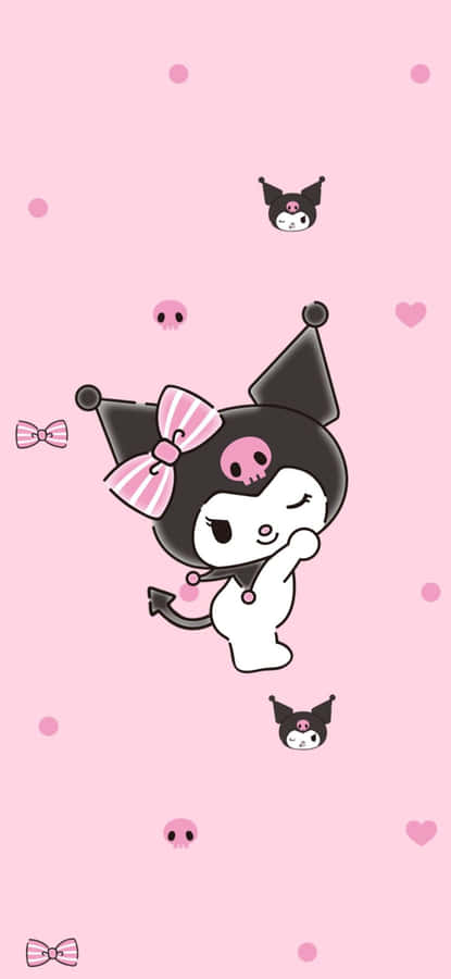 A Pink Background With A Black Cat And Hearts Wallpaper