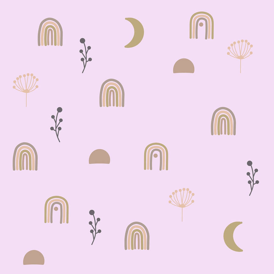 A Pink Background With A Rainbow, Moon And Flowers Wallpaper