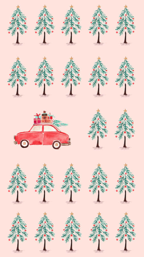 A Pink Background With A Red Car And Christmas Trees Wallpaper