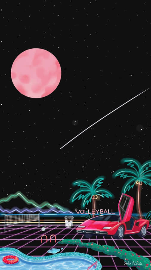 A Pink Car With A Pink Moon In The Background Wallpaper