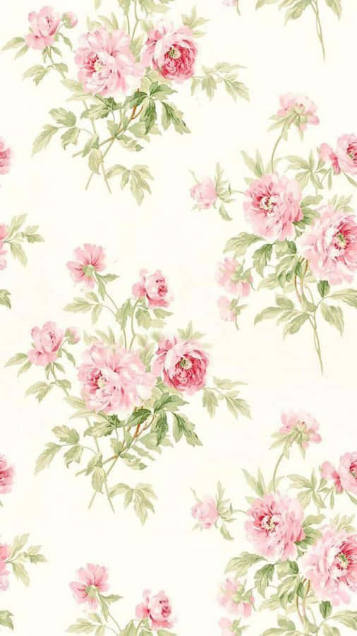 A Pink Floral Wallpaper With Green Leaves Wallpaper