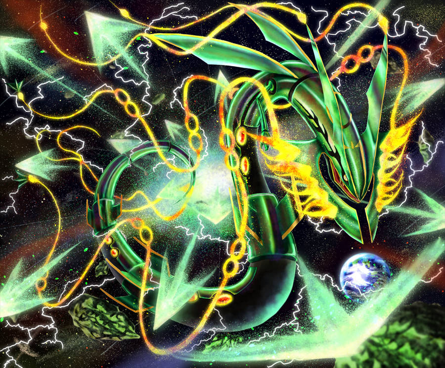 A Powerful Green Rayquaza Soars In Space Wallpaper