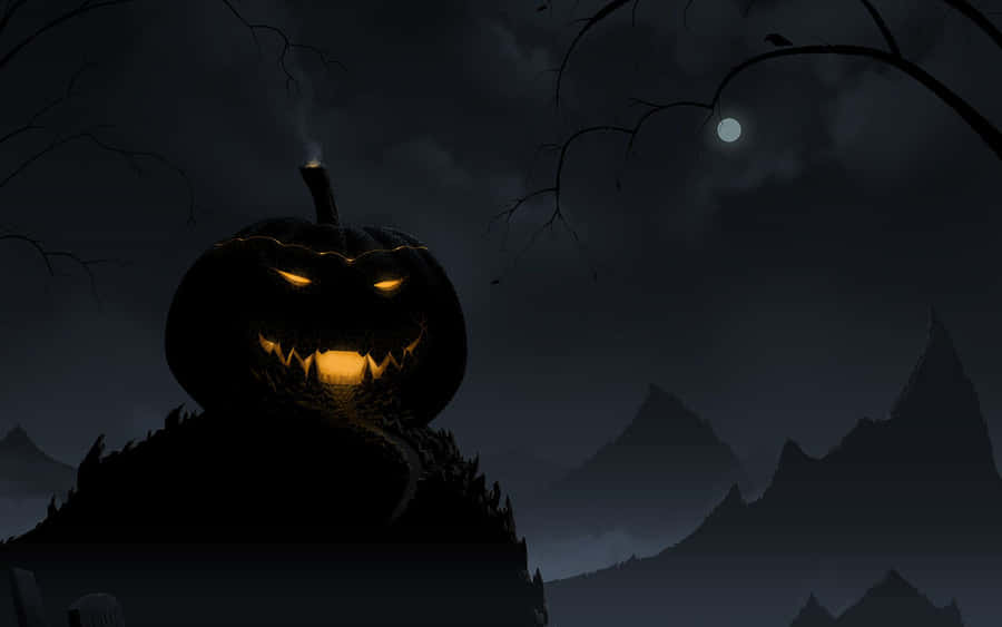 A Scary Halloween Desktop Scene, With A Pumpkin And A Glowing Green Witch's Hat. Wallpaper