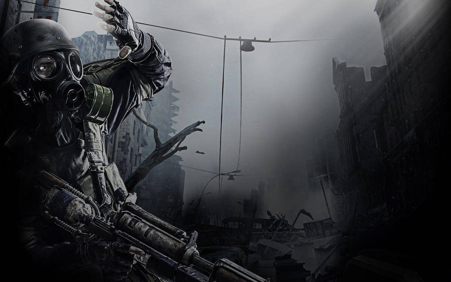 A Soldier In A Gas Mask Is Holding A Gun Wallpaper