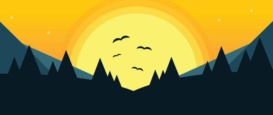 A Sunset With Birds Flying Over The Mountains Wallpaper