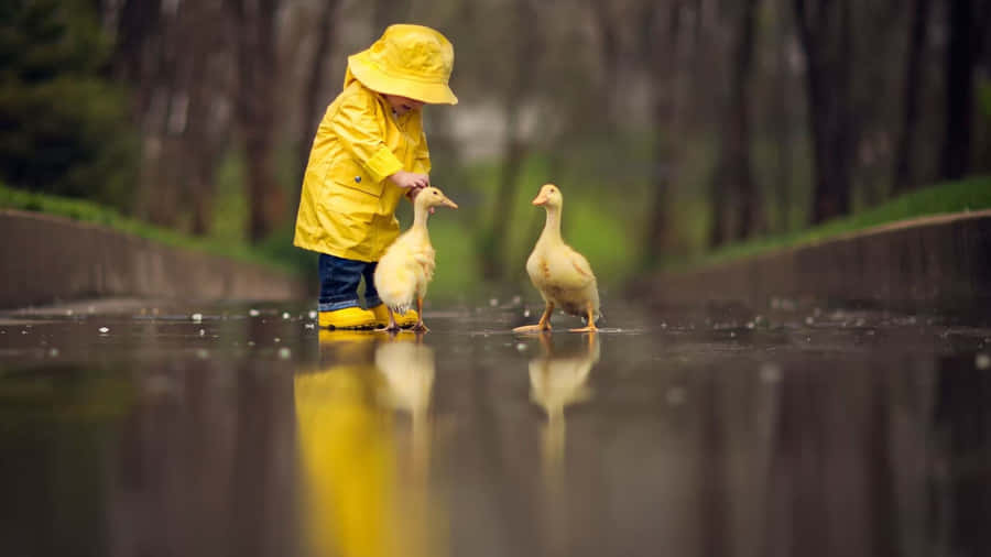 A Sweet Little Duck Waddling In A Green Field. Wallpaper