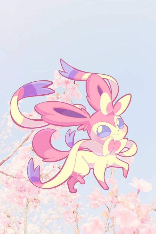 A Sylveon Pokemon Surrounded By A Pink Sakura Phone Wallpaper