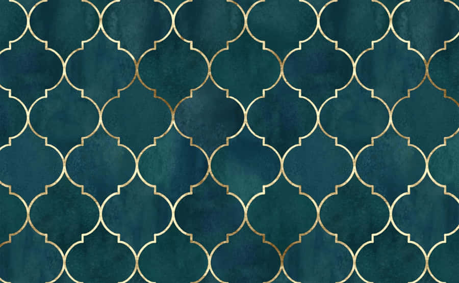 A Teal And Gold Wallpaper With A Geometric Pattern Wallpaper
